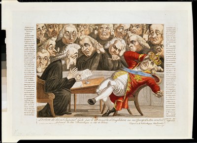 De Engelse minister leest het keizerlijk decreet voor aan George III waarin wordt verklaard dat de Britse eilanden onderworpen zijn aan een blokkade, 21 november 1807 door French School